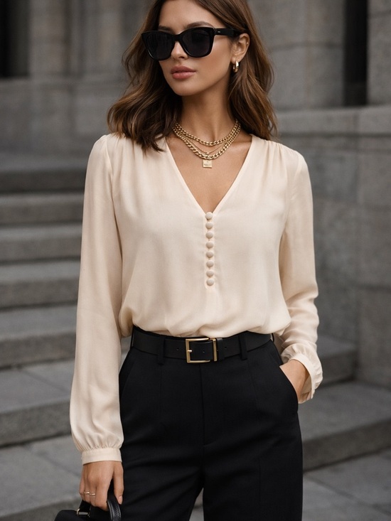 J. Crew Tops - J.Crew 100% Silk Cream V-Neck Button Blouse | Classic Chic Sz 4